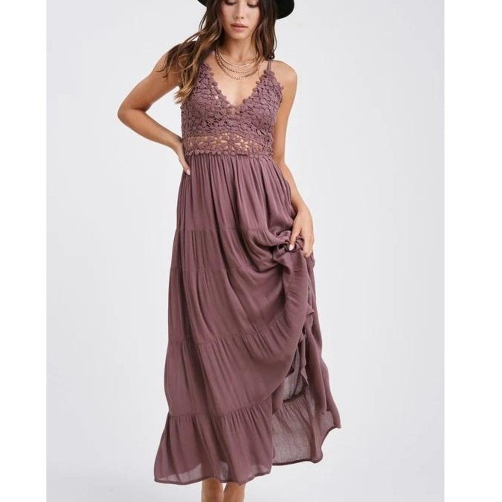 LA MIEL Mauve Crochet-Top Maxi Dress